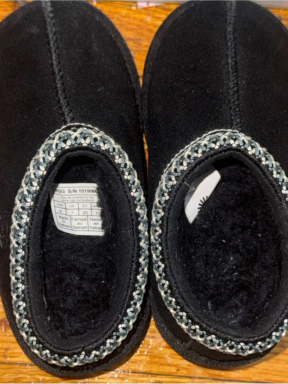 UGG Black Kids Suede Walker Slippers with Silver Braided Trim